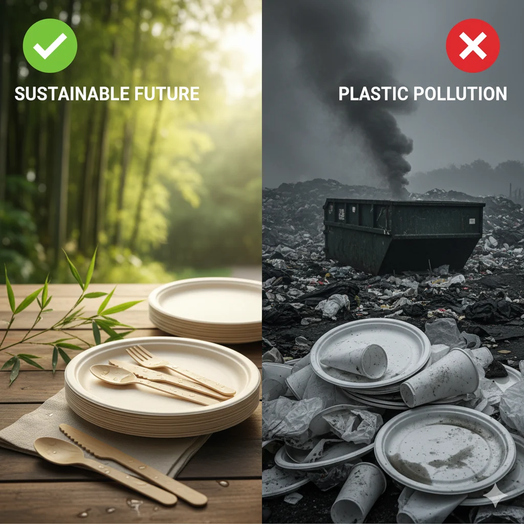 India's single-use plastic ban: A visual comparison of eco-friendly wood and bamboo disposable plates (sustainable future) versus harmful plastic pollution (landfill).