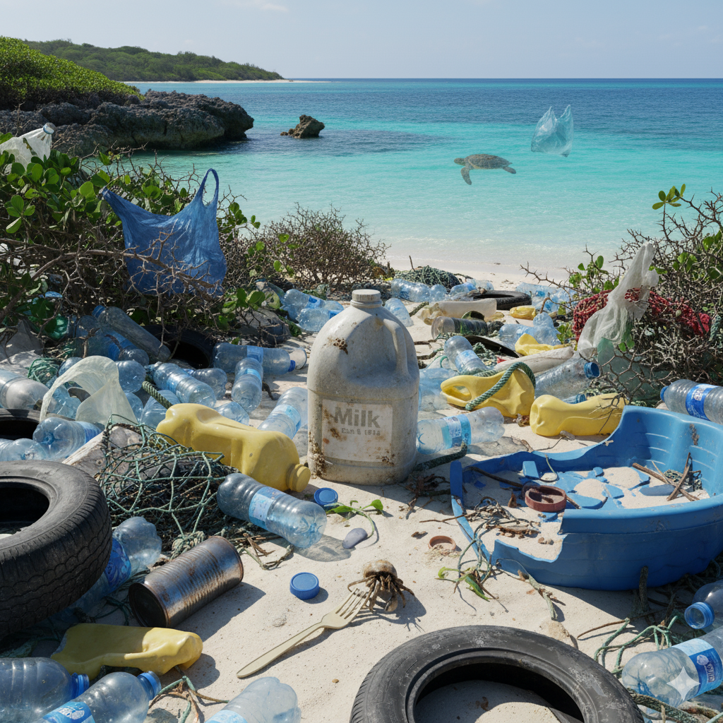 A beautiful tropical beach tragically covered in a massive pile of non-biodegradable plastic waste, including water bottles, milk jugs, fishing nets, and discarded tires; in the background, a sea turtle swims near floating plastic bags, vividly depicting ocean pollution and the environmental crisis caused by non-biodegradable materials.