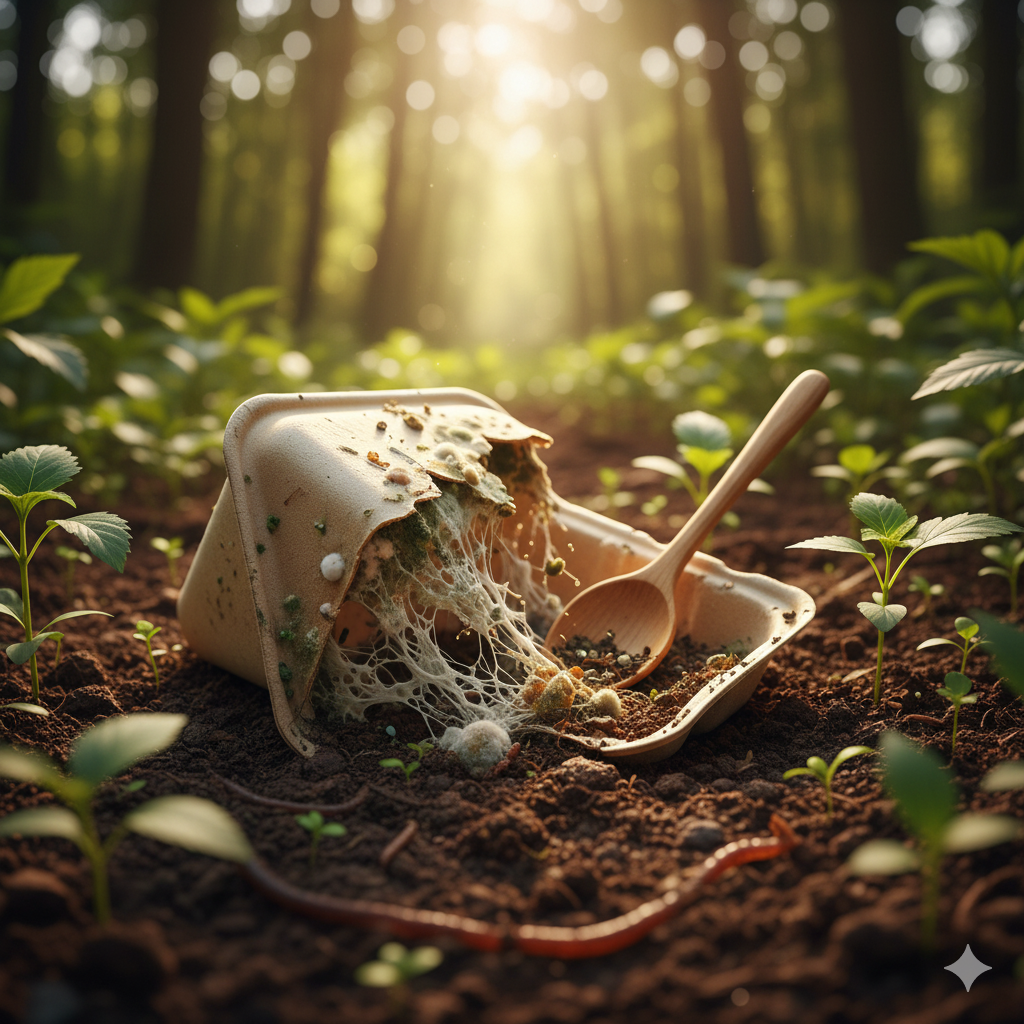 Close-up of a biodegradable food container and a wooden spoon decomposing naturally in rich, moist soil in a sunlit forest, showing composting in action with new plant growth and an earthworm; visually represents biodegradable materials breaking down.