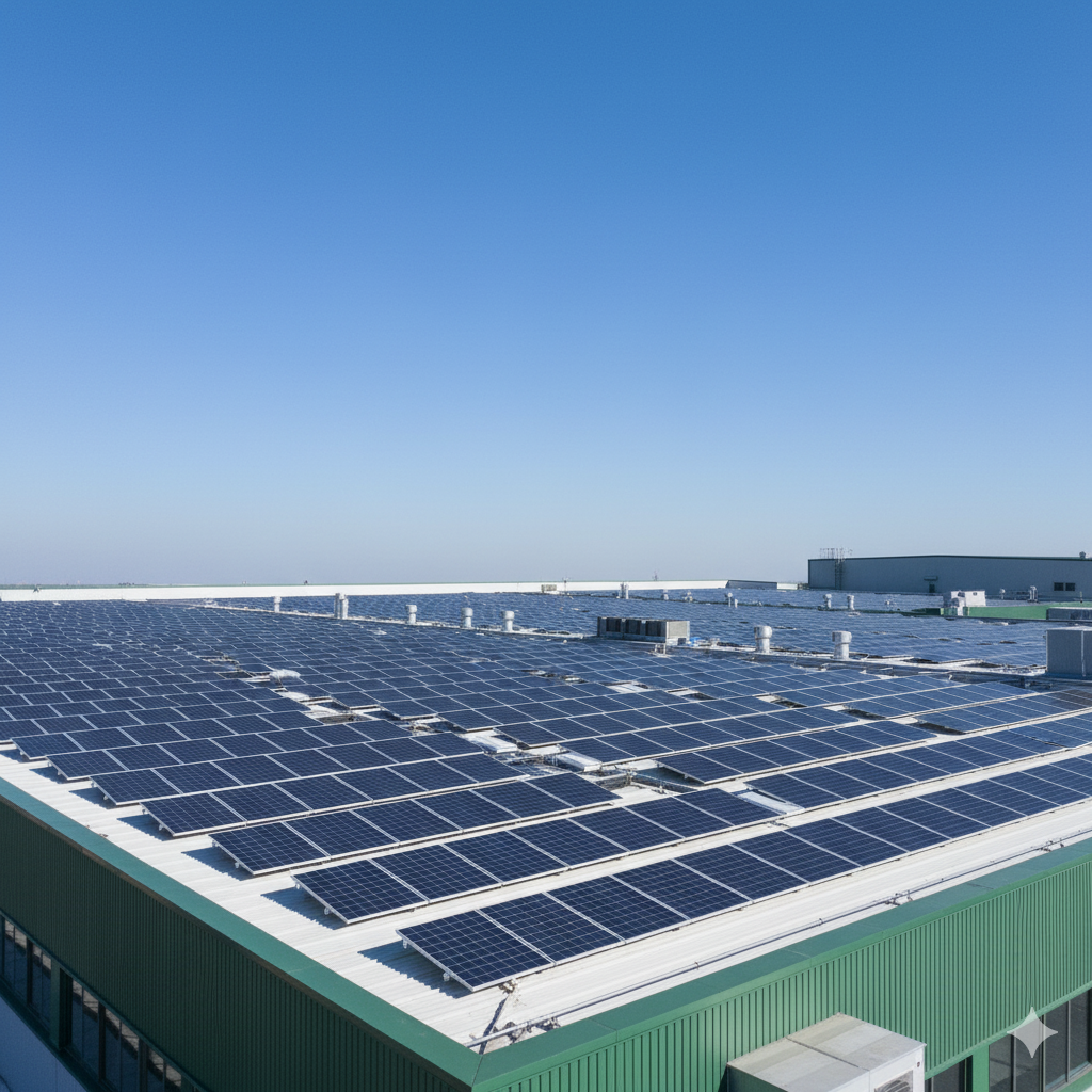  A professional photo showing the rooftop of a factory covered in large, modern solar panels, contrasted with a clean blue sky.