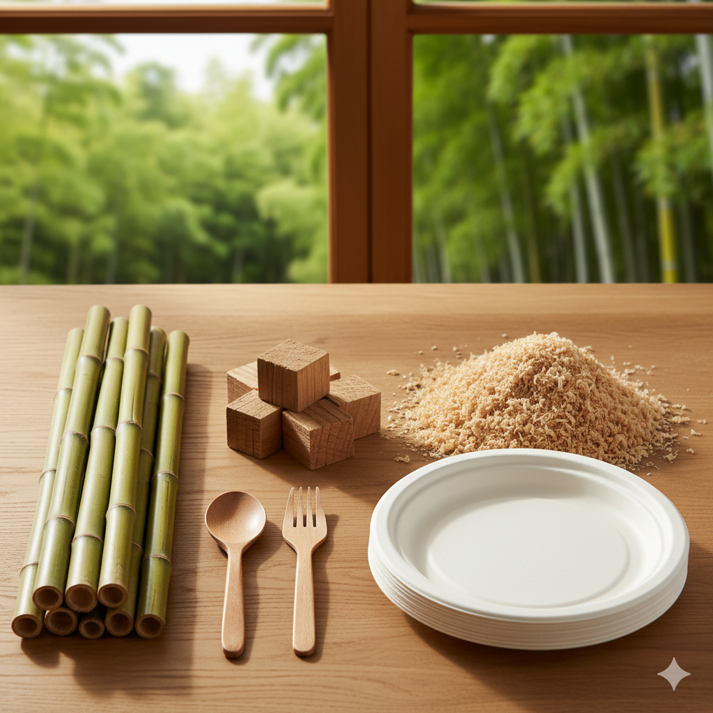 A close-up, high-definition photo of smooth, finished wooden cutlery resting on raw, unprocessed bamboo stalks.