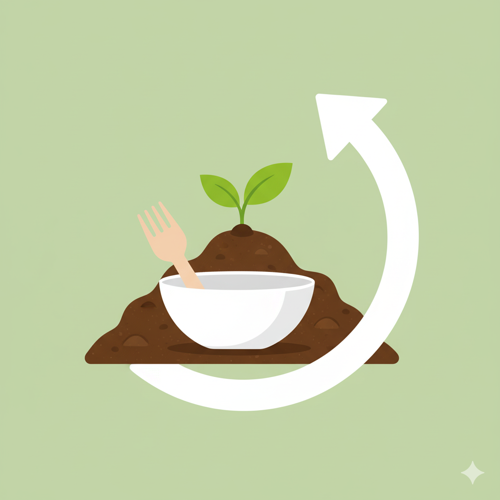 A simple, modern graphic of a single-use bowl and fork descending into a soil mound, with an upward arrow pointing to a green sprouting plant.