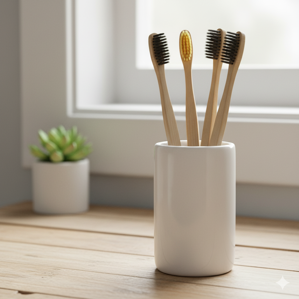 Four bamboo toothbrushes with black bristles standing in a white ceramic holder on a wooden counter near a window, illustrating a biodegradable personal care item swap. 2. Compostable Trash Bags: Made from plant starches (like corn), these bags are designed to break down with your food scraps in a compost environment. 