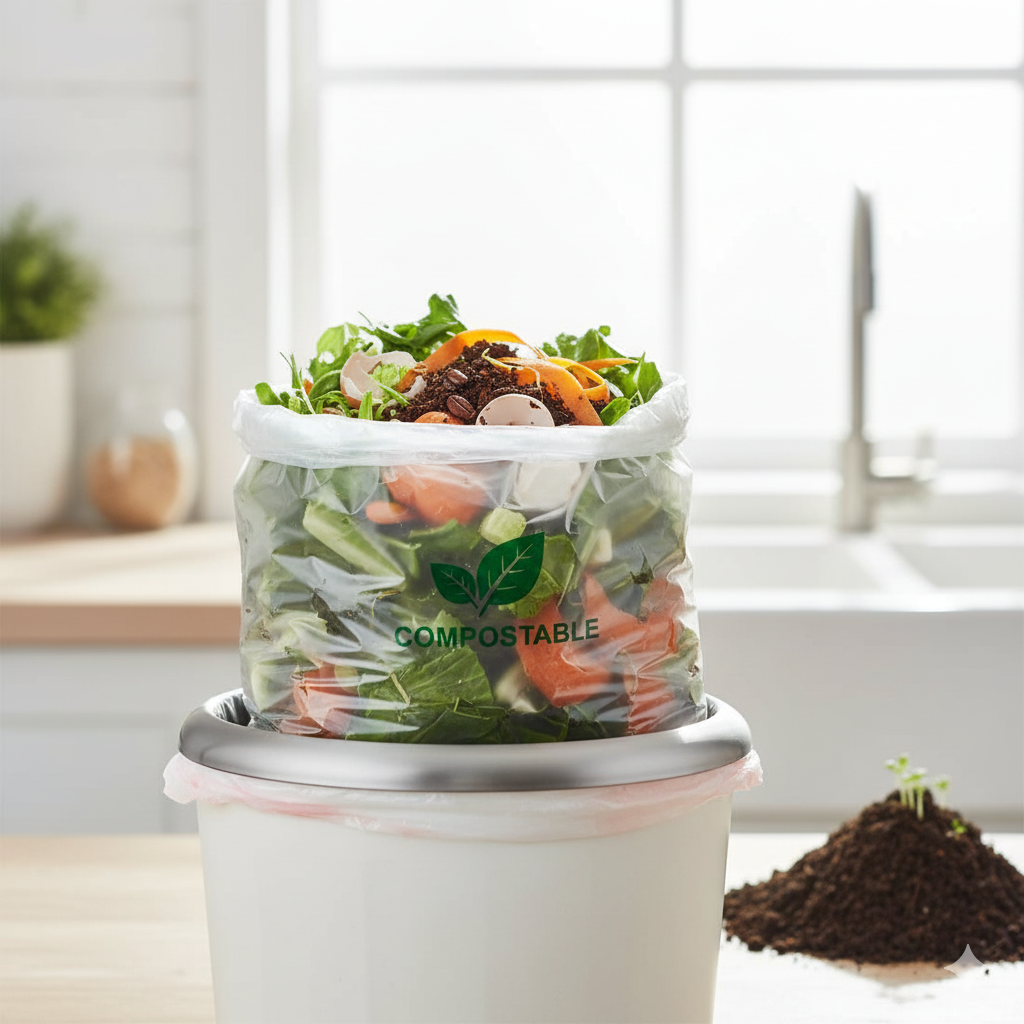 A transparent compostable trash bag filled with vegetable scraps and organic waste, marked with a green "COMPOSTABLE" logo, sitting in a kitchen bin next to a small pile of rich soil with a sprout, demonstrating biodegradable waste management. 3. Sugarcane Fiber Plates (Bagasse): Perfect for parties! These plates and bowls are made from sugarcane pulp waste and become compost quickly