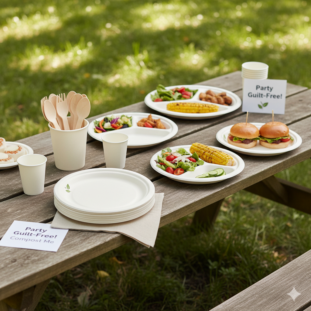 A picnic table outdoors laden with food on sugarcane fiber plates and bowls, along with wooden cutlery and paper cups, with signs saying "Party Guilt-Free!" and "Compost Me," showcasing biodegradable party supplies. 4. Natural Loofah Sponges: Ditch the synthetic plastic scourers! Natural loofahs are actually dried plant material and can be composted when they wear out. * Fact: Loofahs decompose fully in a matter of weeks. 