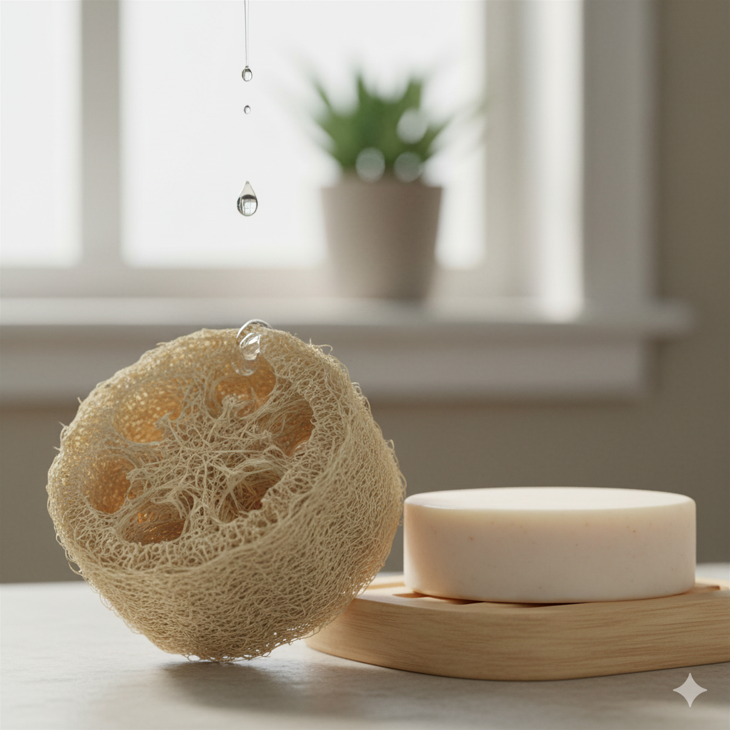  A natural loofah sponge with water droplets falling on it, positioned next to a bar of soap on a wooden dish, with a blurred bathroom window in the background, highlighting biodegradable bath accessories.