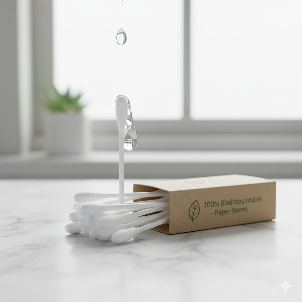 A box of 100% biodegradable cotton buds with paper stems on a marble surface, with one bud standing upright and water droplets falling onto it, emphasizing eco-friendly personal hygiene products