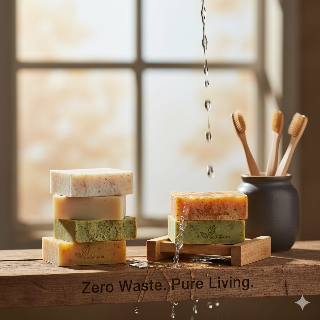 A stack of colorful, natural bar soaps with a "Zero Waste. Pure Living." text overlay, on a rustic wooden shelf with water dripping onto them, alongside a wooden soap dish and bamboo toothbrushes in a holder, promoting biodegradable toiletries.