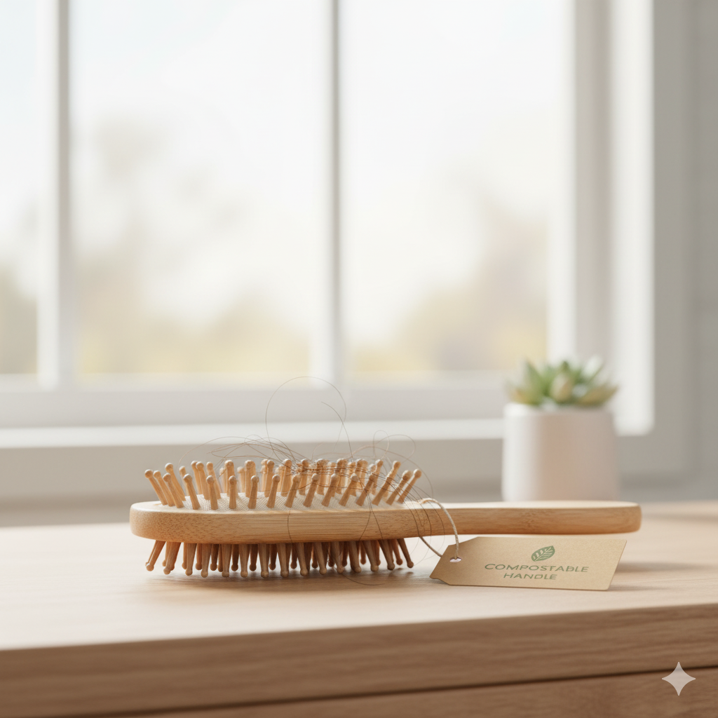 A bamboo hairbrush with a tag reading "Compostable Handle" lying on a wooden surface with a few strands of hair, in front of a blurred window, showcasing a biodegradable hair care product.