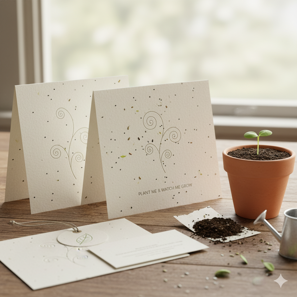 Two custom seed paper cards with a plant design, featuring the text "PLANT ME & WATCH ME GROW," next to a small terracotta pot with a sprout and a tiny watering can, demonstrating biodegradable stationery.