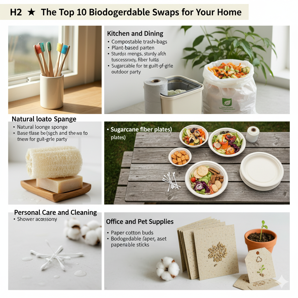  Infographic titled "The Top 10 Biodegradable Swaps for Your Home" showing categories like Kitchen & Dining, Personal Care, and Office. Features images of bamboo toothbrushes, compostable trash bags with food scraps, natural loofah sponges, sugarcane fiber plates with meals, paper cotton buds, and seed paper stationery, illustrating various biodegradable items.