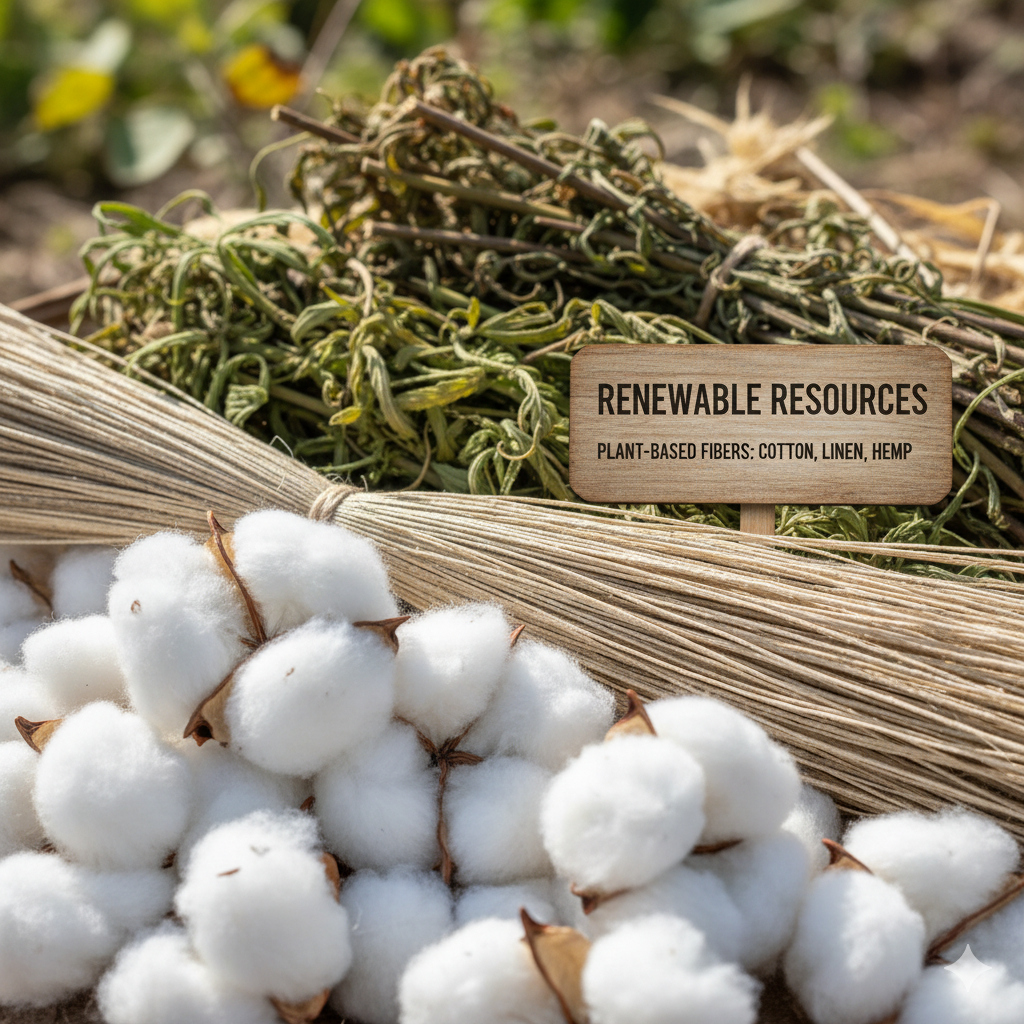 A close-up view of various plant-based biodegradable fibers like raw cotton, linen, and hemp stacked together, highlighting their natural texture and renewable resource origins.