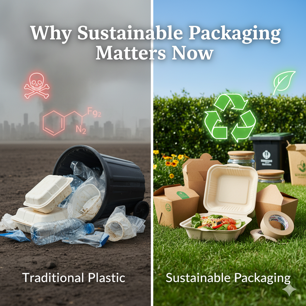 Clear visual contrast between toxic traditional plastic food packaging waste polluting a city and clean, eco-friendly sustainable containers (bagasse, cardboard, glass) promoting a zero-waste future.