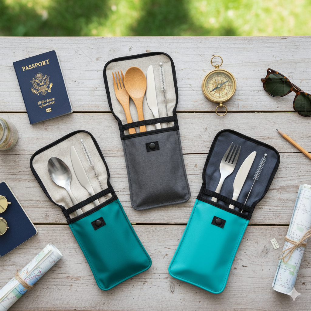 Hand holding bamboo eco-travel cutlery set against a scenic mountain lake backdrop, symbolizing sustainable adventure.