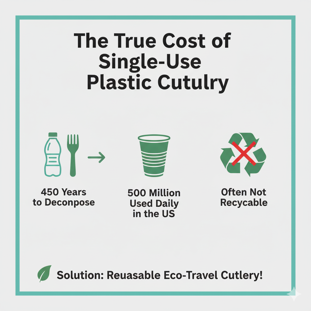  True cost of plastic cutlery waste, showing 500 million used daily and 450 years to decompose.