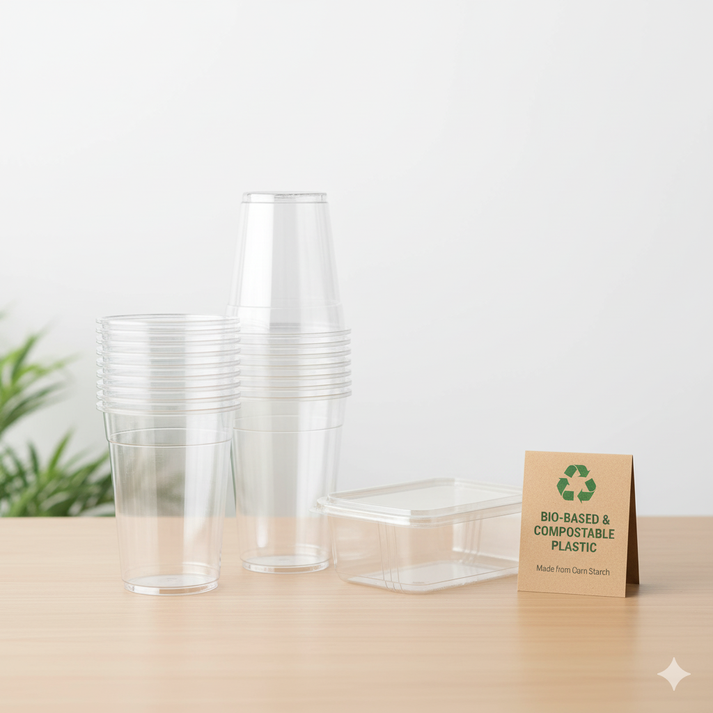 A stack of clear PLA bioplastic cold cups and a salad container made from corn starch, clearly showing the material's resemblance to traditional plastic but emphasizing its bio-based and industrial compostable nature.