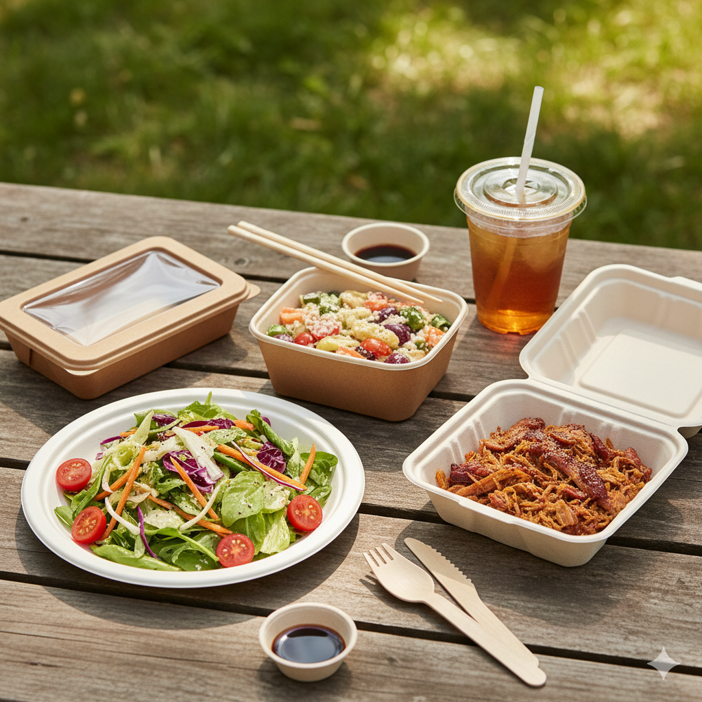 Biodegradable plates, bowls, and cutlery with food on a picnic table.