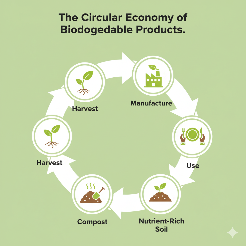 Circular economy infographic showing the lifecycle of biodegradable products like bagasse plates and wooden cutlery, from plant harvest to manufacturing, consumer use, commercial composting, and returning to nutrient-rich soil.