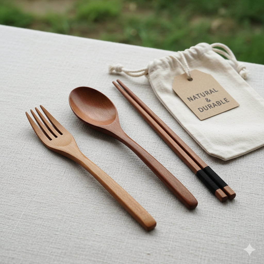 A collection of sleek bamboo and wooden reusable utensils (forks, spoons, chopsticks) neatly arranged, symbolizing durable and naturally biodegradable alternatives to plastic cutlery.